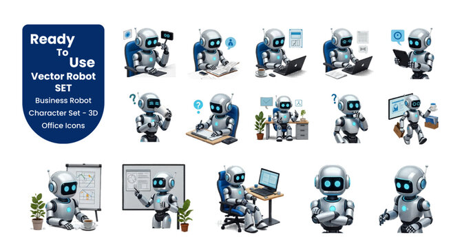 Futuristic 3D AI robot mascot character set performing business and office technology automation tasks