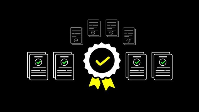 Neon quality assurance certification and digital document icon, representing compliance, business standards, verification, and professional certification management.