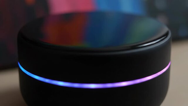 Black modern humidifier with pink light glowing while producing mist on desk