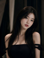 Fototapeta premium 은은한 조명 아래 블랙 오프숄더 의상을 입은 긴 생머리 여성의 감성적인 분위기를 담은 인물 사진으로, 세련되고 차분한 매력이 돋보이는 이미지입니다.