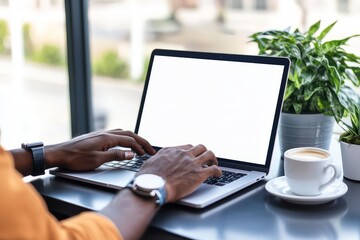 Person typing on laptop with blank screen at desk with coffee and plants natural light