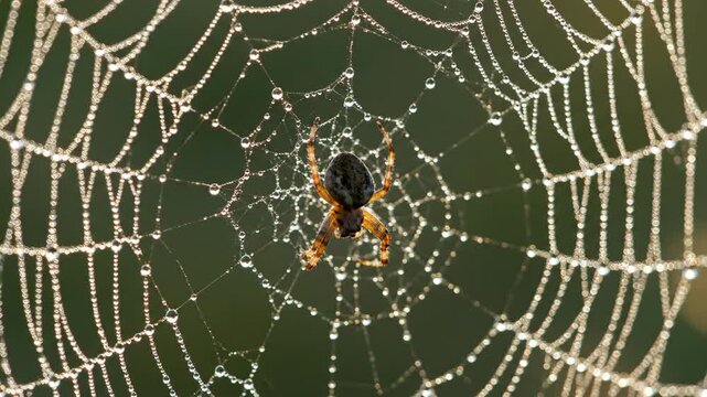 A spider waits patiently on its dew covered web with morning light illuminating the intricate patterns