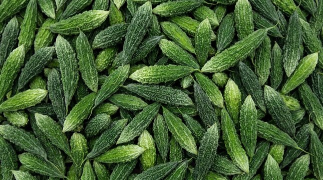 A dense and textured pile of fresh green bitter melons showcasing their bumpy, ridged surfaces and pointed ends in a vibrant natural display