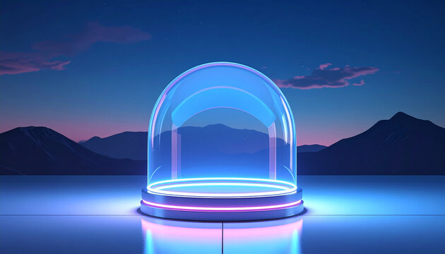 Neon glazen koepel op een reflecterend oppervlak