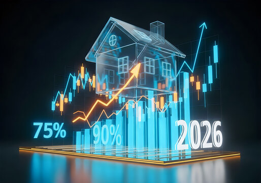 Modern house rising with stock market growth chart and 75 percent 2026 forecast