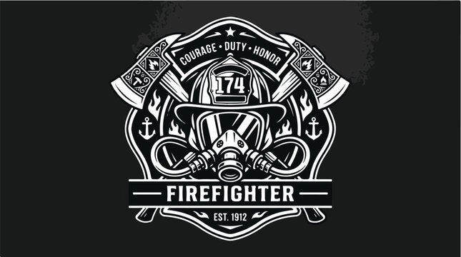 Black and white graphic design of a firefighter emblem with a helmet, axes, and the text 'FIREFIGHTER' on a solid black background.