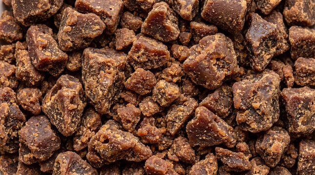 Close up macro view of dark brown unrefined jaggery sugar cubes scattered in a pile showing granular texture and natural earthy tones culinary backgrounds