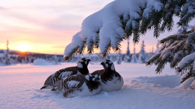 Three ptarmigans rest in snow with evergreen branches while the sun sets in the arctic landscape
