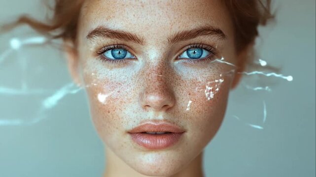 Close up of a freckled woman's face with white geometric facial recognition map overlay.