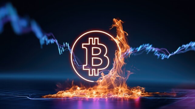 A glowing bitcoin symbol rises from flames with dynamic, colorful digital graph lines in the dark background, symbolizing volatile cryptocurrency markets.