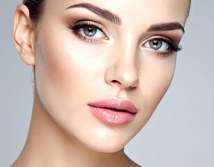Fototapeta premium A woman's face with subtle makeup and a neutral expression