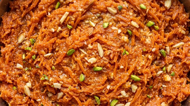 Detailed view of a rich orange carrot halwa dessert with visible shredded carrots and a generous topping of nuts