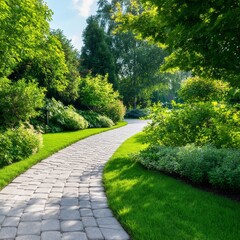 Obraz premium Pathway Leads Through a Garden With Various Plants and Trees on a Sunny Day