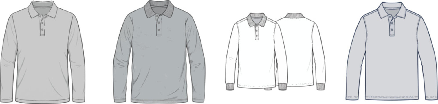 Long Sleeve Polo Shirt with Collar and Button Placket for Apparel Design Mockup, vector set isolated on white
