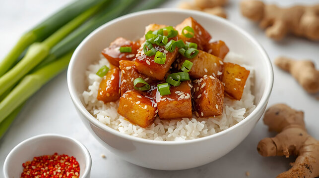 A bowl of glazed, golden-brown tofu cubes over white rice, garnished with green onions and sesame seeds, surrounded by fresh ginger root, scallions, and a small dish of red chili flakes.