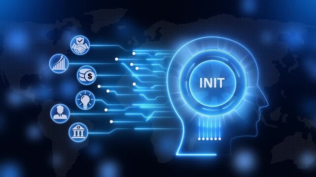 Glowing Blue Head with I N I T and Representing Business Strategy and Technology innovation INIT