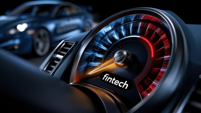 Close-up of a futuristic car speedometer displaying the word "fintech," with a sleek sports car blurred in the background.