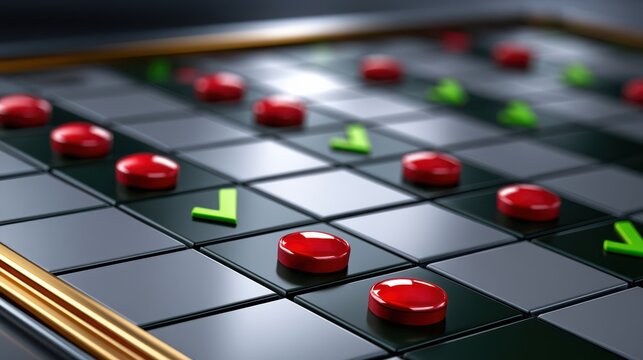 Close-up of a checkers board with red and green pieces arranged strategically on a shiny black grid.