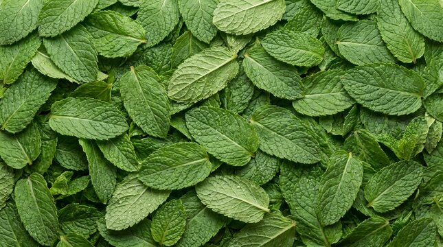 Full frame of fresh green mint leaves creating a textured background with visible veins and a vibrant organic natural pattern