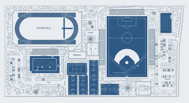 Blueprint of a Sports Complex with Baseball Field and Track.