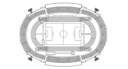 Aerial view of a football stadium blueprint with field markings. © Deti