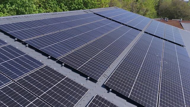High Angle Perspective of Large Rooftop Solar Panel Array, Modern Renewable Energy Infrastructure for Sustainable Business and Industrial Green Technology Solutions