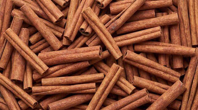A vibrant overhead shot of numerous dried cinnamon sticks a popular aromatic spice with a warm reddish-brown hue and a rough textured surface creating a visually rich and inviting composition of