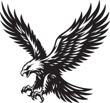 Majestic bald eagle mascot vector, powerful soaring bird of prey with spread wings, black and white predatory hawk illustration for sports logos