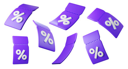Set of Flying purple 3d discount tags with percent signs, isolated on background. Different coupon labels for promotion, sales, banners. 3d render  © Hannet