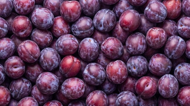 A vibrant overhead view of a tightly packed collection of ripe, deep purple plums showcasing their smooth skin and subtle red blush in a rich, textured display