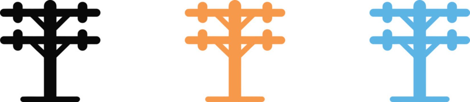 Electricity pole icons in black orange and blue styles electricity transmission distribution infrastructure vector set representing power grid systems, utility networks and energy supply line design c