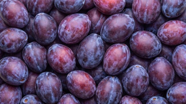 A rich and abundant close-up of deep purple plums, their smooth, glossy skins reflecting light, creating a visually appealing pattern of fresh, ripe fruit