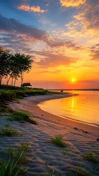 Golden sunset over a tranquil beach with trees and a small hut