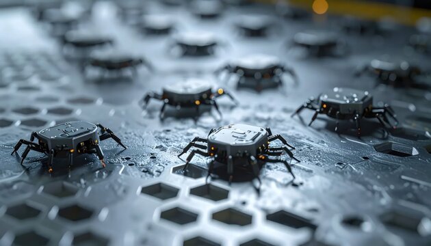 Small Futuristic Robot Bugs Crawling on Wet Hexagonal Metal Surface