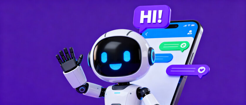 Friendly 3D robot chatbot waving hello next to a smartphone displaying a digital messaging app, symbolizing AI communication and virtual assistant technology on a vibrant purple background