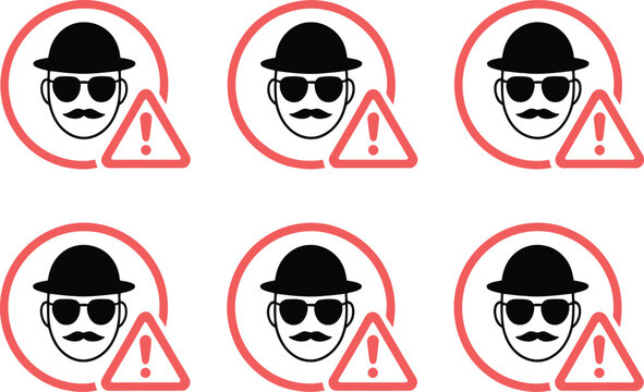 Incognito warning icon robber warning icon vector set representing security alert, suspicious activity, privacy risk and theft prevention warning symbols for safety and digital protection systems.