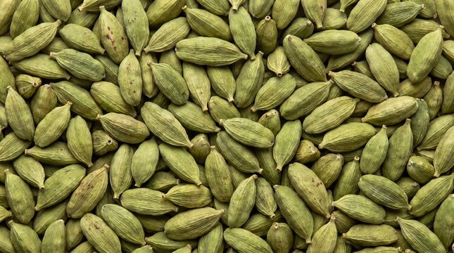 A full frame close-up of numerous green cardamom pods a fragrant spice with a distinctive oval shape and a textured surface in a vibrant green hue creating a visually appealing and organic pattern
