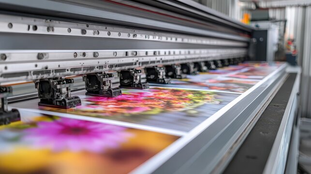 Industrial large format inkjet printer printing colorful floral patterns
