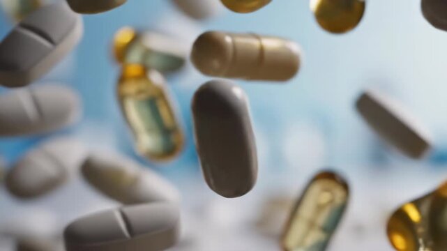 Close-up slow motion video of diverse pharmaceutical pills and capsules falling against a soft blue background.