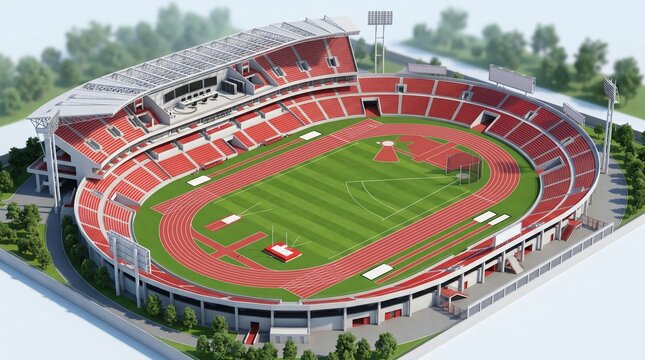 Isometric 3D Cutaway Render of Modern Olympic Athletics Stadium with Running Track, Field Events Area, Control Room and Red Seats