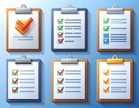 Colorful clipboards with checklists on a blue background