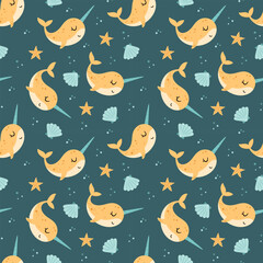 Ocean seamless pattern with cute narwhal, shell and starfish. Cartoon sea animal background. Nautical repeat design. Kids vector illustration. © JulzaArt