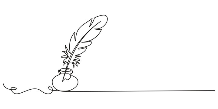 Retro inkwell and feather continuous one line drawing, One continuous line drawing of a quill pen in an inkwell against a clean white backdrop, continuous line classic quill pen.one line drawing of