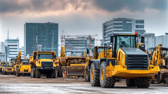 Heavy construction machinery fleet parked at a development site in front of modern city buildings