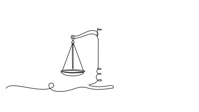 Continuous line drawing of a balance scale, symbolizing fairness, justice, and business ethics, editable line art vector illustration