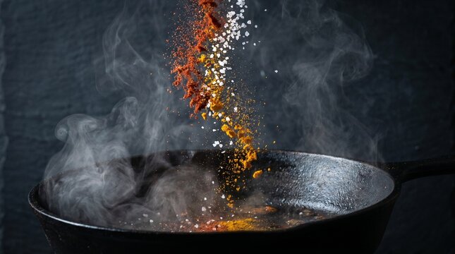 Dynamic High-Speed Culinary Photography of Indian Spices and Thick Steam over a Dark Searing Iron Pan