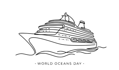Minimal continuous line cruise ship front perspective single stroke sailing vessel vector for maritime awareness design © Surjo
