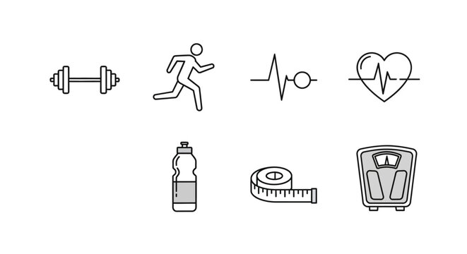 Fitness and wellness icons dumbbell running heart rate water bottle scale