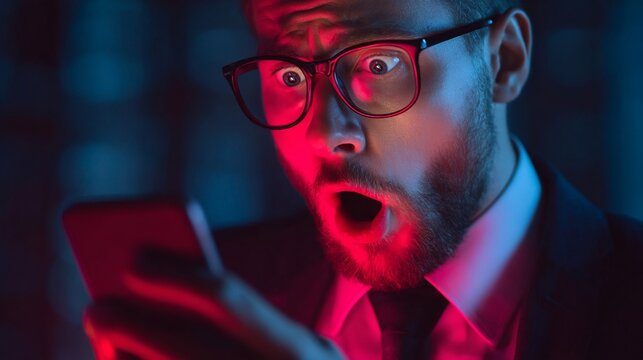 Surprised man with glasses looking at smartphone with an astonished expression in a dramatic red light.
