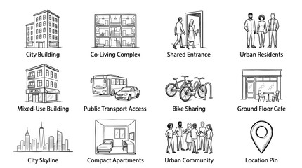 Obraz premium Vector icons set: city transport people lifestyle and technology